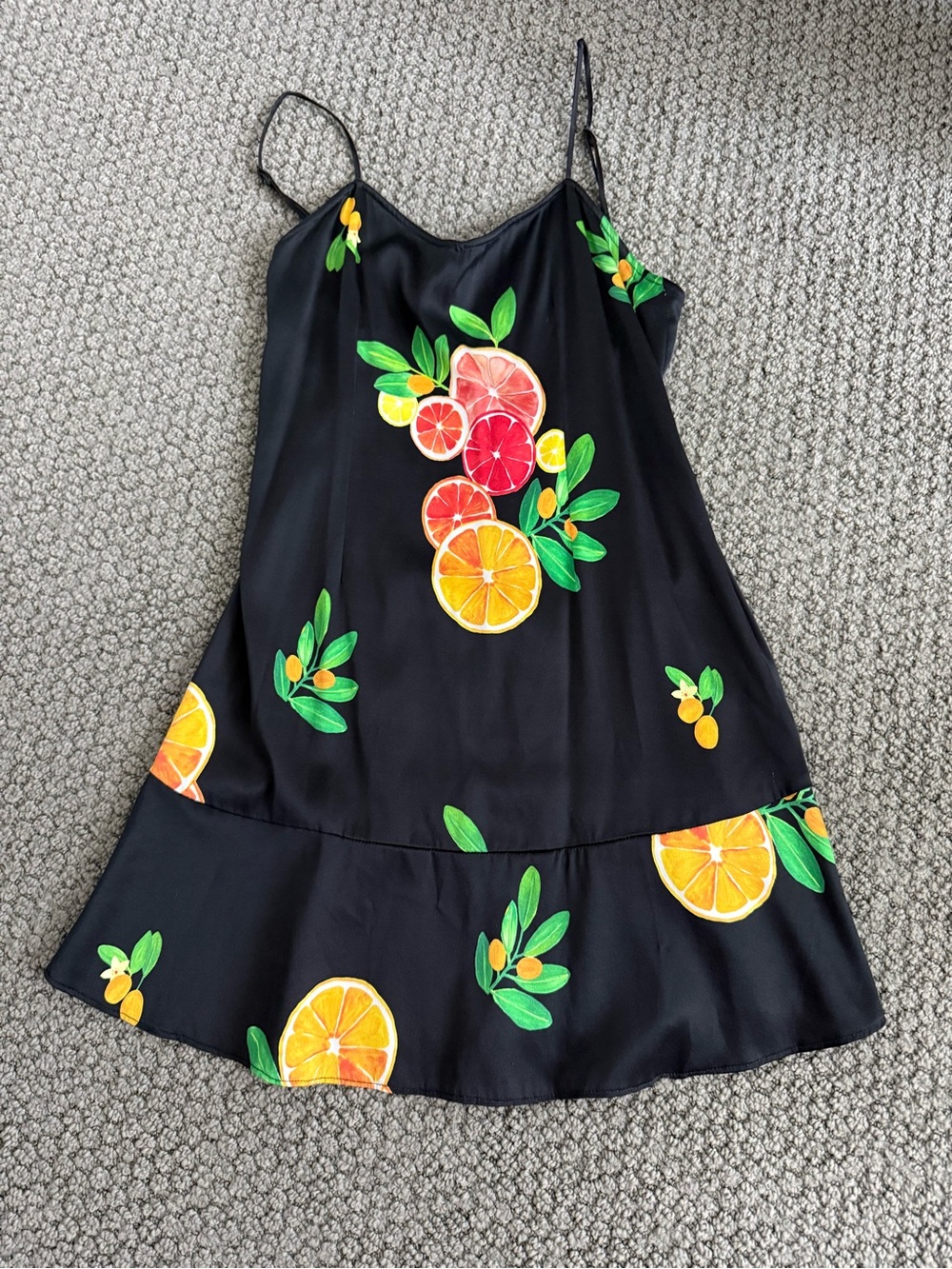 LPA Black Fruit-Print Slip Dress with Green Leaf Accents